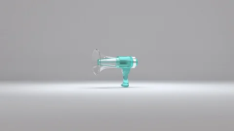 Rotating 3D Transparent Plastic Megaphone Against White Gradient Background Stock Footage 112805412