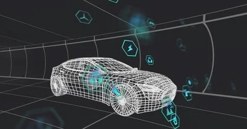Rotating 3D wireframe car model displaying in grid tunnel, with floating Stock Illustration