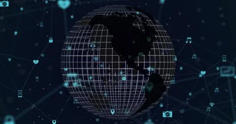 Rotating 3D wireframe globe in digital void displaying padlock wifi phone camera Stock Illustration