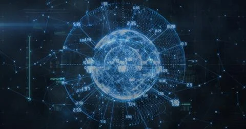 Rotating 3D wireframe globe displaying nodes, lines and numeric labels in dark Illustrazione stock