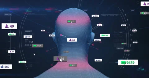 Rotating 3D wireframe head model updating user counts chat bubbles status bars Stock Footage 311083695
