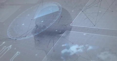 Rotating 3D wireframe human head model in virtual interface, with radar grid Stock Illustration