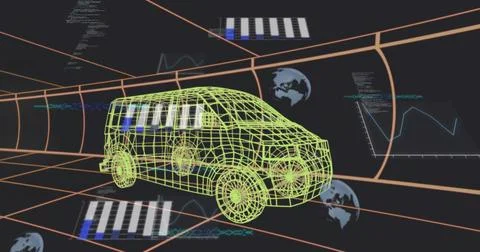 Rotating 3D wireframe minivan showing neon green outlines inside orange tunnel, 스톡 일러스트
