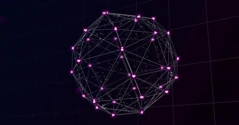 Rotating 3D wireframe network sphere pulsing in virtual space, with heart bell Stock Photos