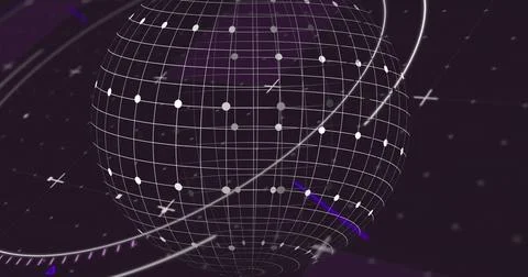 Rotating 3D wireframe sphere in digital interface with grid lines, circular Stockfoto's