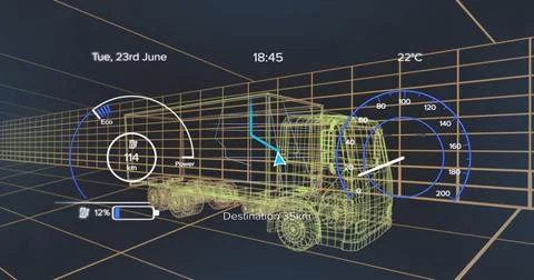 Rotating 3D wireframe truck model in grid workspace, with HUD overlays and Stock Illustration