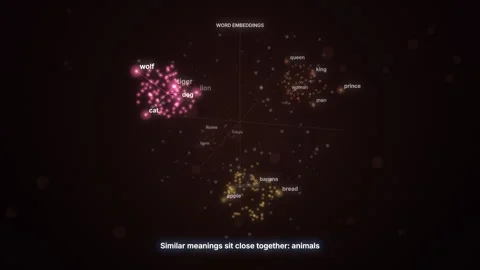 Rotating 3D word embedding space where similar words form warm glowing clus.. 库存影片 346920353