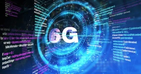 Rotating 5G label with wireframe globe moving through digital space with neon Stock Illustration