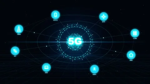 Rotating 5g network hub with connected digital service icons on dark virtua.. Stock Footage 344835427