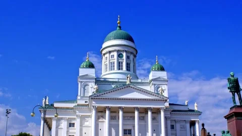 Rotating aerial shot of Helsinki Cathedral in Finland, time-lapse shot Stock Footage