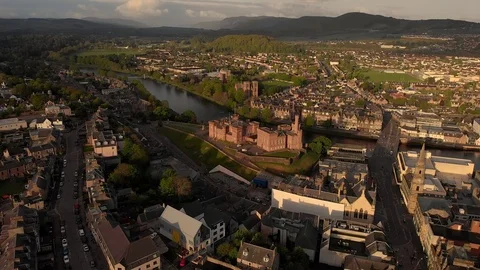 Rotating aerial shot of Inverness Castle in Inverness Scotland Stock Footage