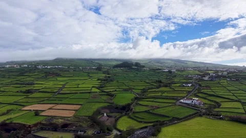 Rotating Aerial View Of Green Patchwork Farmland On Terceira Island Azores Stock-Footage 336288297