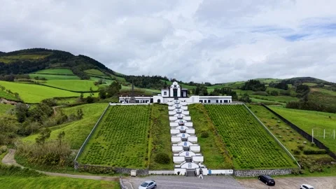 Rotating Aerial View Of Nossa Senhora Da Paz Church In Sao Miguel Island Azores Видео 338057602