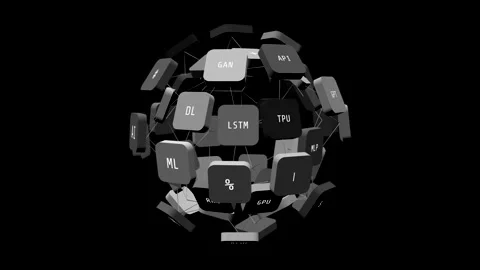 Rotating AI Terminology Sphere with Artificial Intelligence Keycaps Stock Footage 343752301
