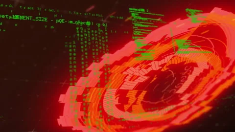 Rotating animation of digital interface with green code and circular patterns Stock Footage 303675979