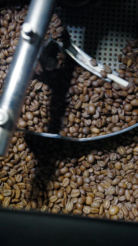 Rotating arm mixing roasted coffee beans Stock Footage 310543679
