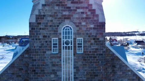 Rotating around the stone brick facade to the metal cladding roof of a church. Video stock 303677224
