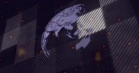 Rotating Asia-Pacific wireframe globe showing lit outlines, light stripes and Illustrazione stock