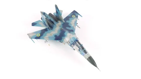 Rotating Assembled Model Of Su-27 Fighter Airplane Close Up On Background. Stock Footage 295454199