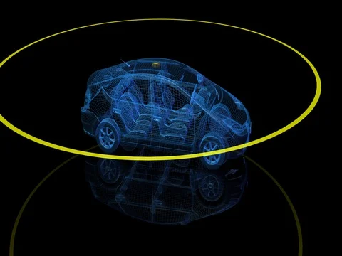 Rotating autonomous wireframe self driving car with lidar scan signal Stock Footage