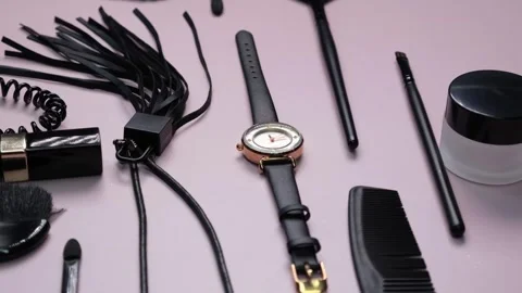 Rotating background of different fashionable women's accessories,things,watches Stock Footage 265952262