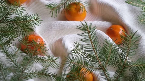 Rotating background soft white embossed fabric or cozy blanket with fir tree Stock Footage 167175164