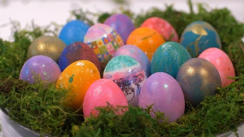 Rotating Basket With Easter Eggs On Turntable. Easter Stock Footage 129212701
