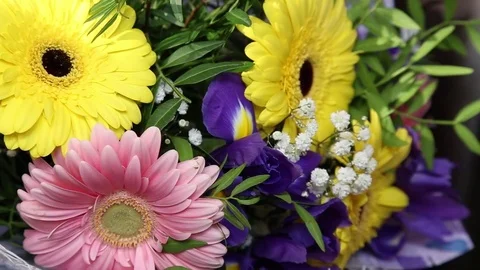 Rotating beautiful bright bouquet of multi-colored gerberas and irises. Stock Footage 82470143