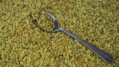Rotating bee pollen granules with silver spoon Stock Footage 168943337