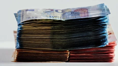 Rotating Big Stack of Euro Banknotes in Slow Motion on a White Background Stock Footage 304651463