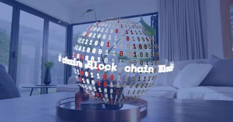 Rotating binary-covered globe with lit blockchain band on metal tray on coffee Stock Photos