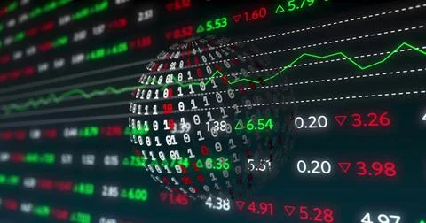 Rotating binary-data globe projecting numeric readouts over blurred ticker wall Stock Photos