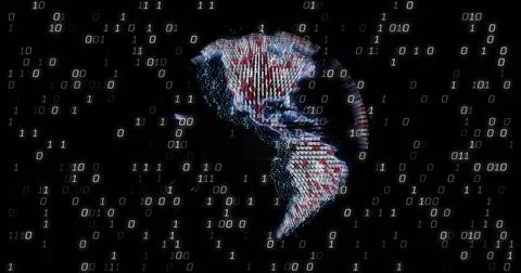 Rotating binary-digit globe depicting Americas in dark digital void, with Illustrazione stock