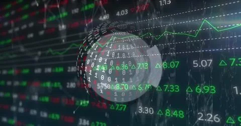 Rotating binary-digit globe on screen, showing code streams, price-triangles, 写真素材