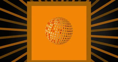 Rotating binary-digit globe showing banded digits within orange square panel, Stock Photos