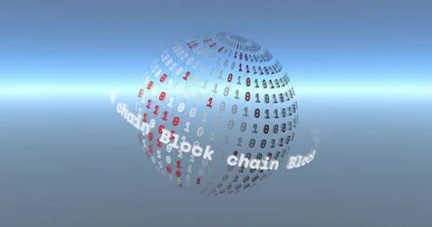 Rotating binary-digit sphere hovering in virtual 3D space, showing moving Blo Illustrazione stock