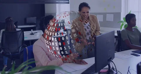 Rotating binary globe appearing, trainer guiding agent typing and using mouse Stock Footage 329812493