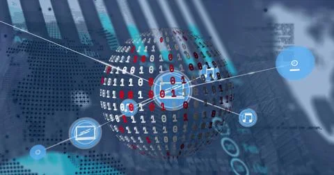 Rotating binary globe linking to blue icon nodes in blurred high-rise backdrop, Stock Photos