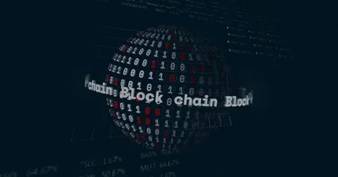 Rotating binary globe spinning in digital UI showing blockchain text, digits and Illustrazione stock