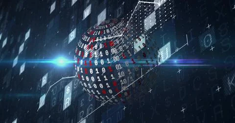 Rotating binary sphere of 0s and 1s, intersecting wireframe cube in data grid, 스톡 일러스트