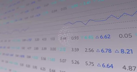 Rotating binary sphere moving through data dashboard, showing numeric rows and Illustrazione stock