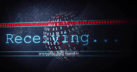Rotating binary sphere pulsing at digital interface, displaying cyan Receiving Foto stock