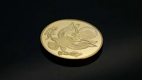 Rotating bitcoin cryptocurrency gold eagle logo black backround e-commerce Stock Footage 87256472