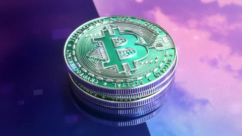 Rotating bitcoin loop animation, crypto stack on neon tech background 4K Stock Footage 328715480