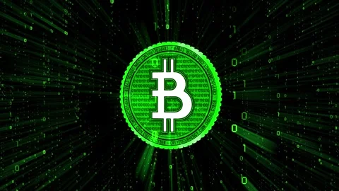 Rotating bitcoin, matrix style binary code in background Stock Footage 314199481