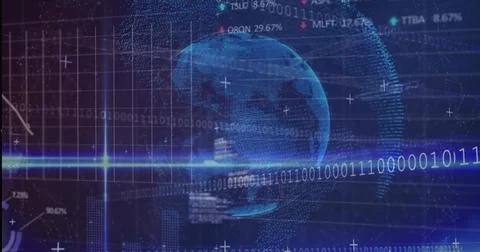 Rotating blue 3D point-cloud globe hovering over data dashboard with binary s Illustrazione stock
