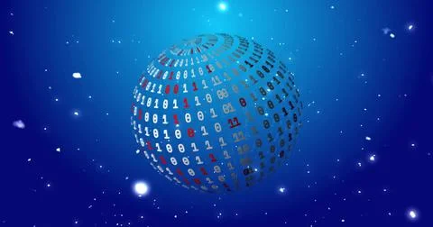 Rotating blue binary sphere glowing in virtual 3D space, composed of 0s and 1s, Illustrazione stock