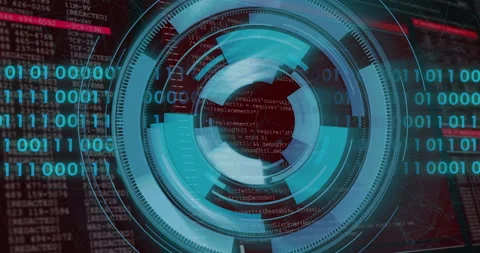 Rotating blue circles in animation over computer code on digital interface Stock Footage 303564082