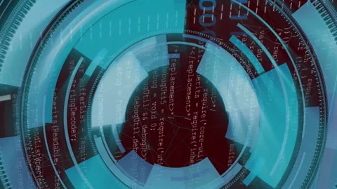 Rotating blue circles in animation over computer code on digital interface Stock Footage 313356243