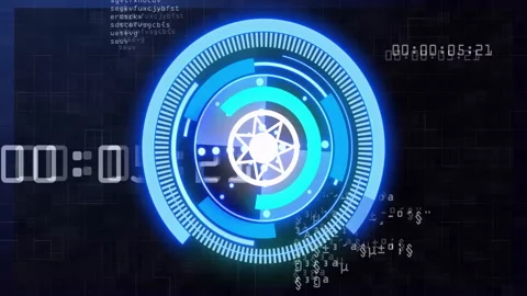 Rotating blue circular elements with animation and binary code on digital Stock Footage 306170641